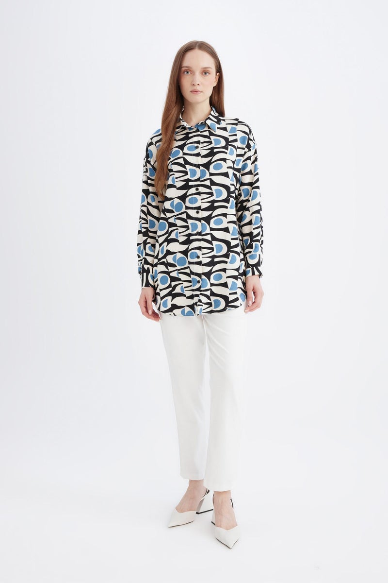 DeFacto Blue Woman Relax Fit Shirt Collar Printed Long Sleeve Tunic Casual - Image 5